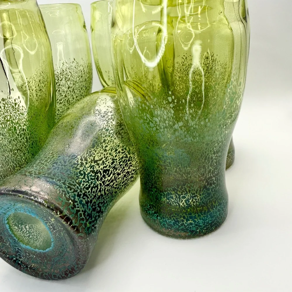 Set of 6 Hand Blown Ombre Green Art Glass Highball Tumbler‎ Glasses Mermaidcore